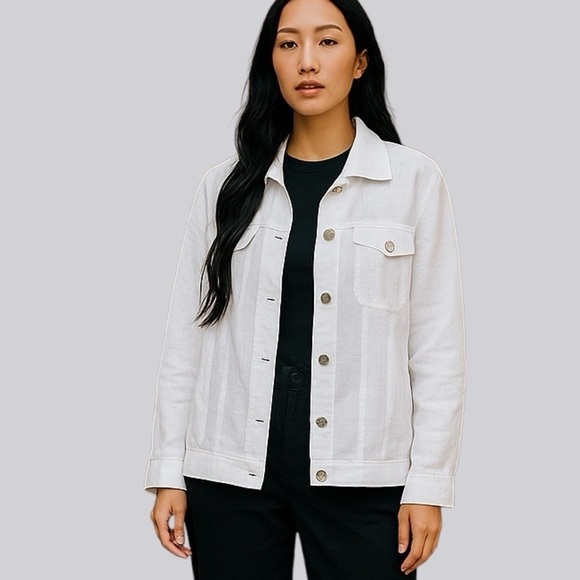 CAROL LITTLE Woman’s Jean Linen Jacket White Button-Up Size 1X Casual Button Up - Picture 1 of 12